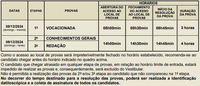 Informações sobre datas e horários Vestibular 2024